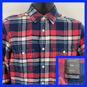 Gap Men's Plaid‎ Flannel Shirt Red Blue White Long Sleeve Button Up Size Small